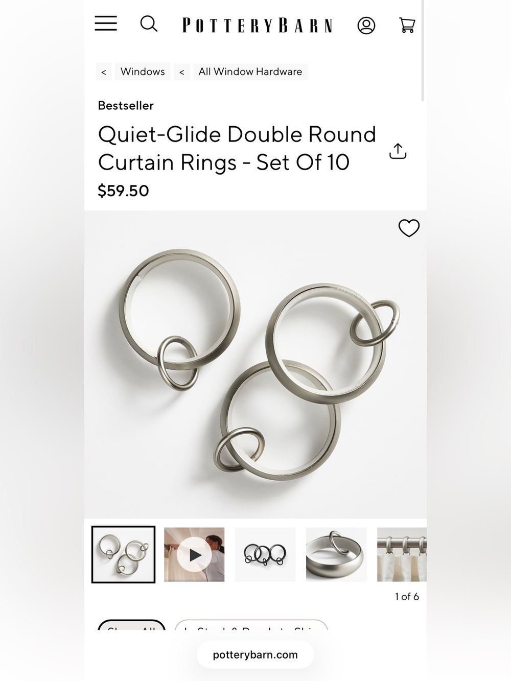 NEW Lot of 10 Quiet-Glide Double Round Curtain Rings Brushed Nickel Pottery Barn